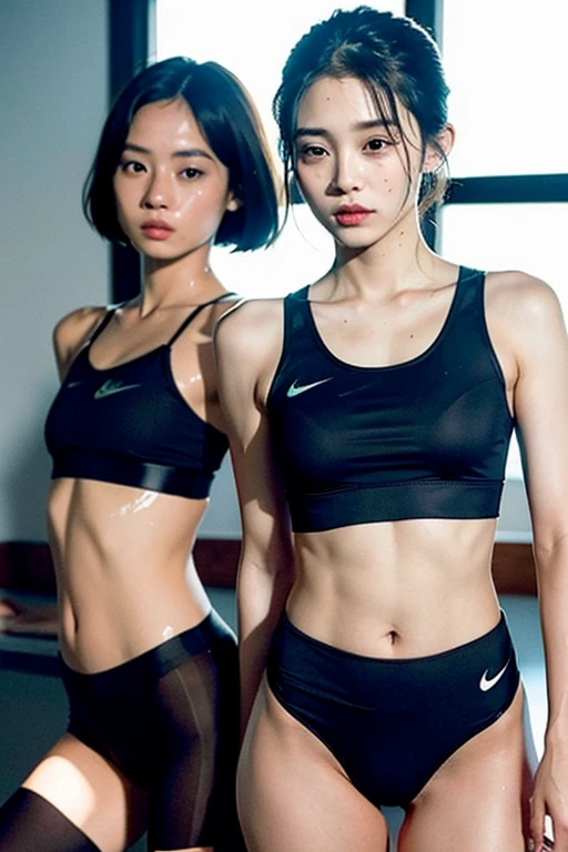(2peopleの女の子:1.5), (Japanese Girls:1.5), close, masterpiece, highest quality, Complete Anatomy, RAW Photos, Photorealism, face, Unbelievably ridiculous, beautiful girl, cute, short hair, Depth of written boundary, High resolution, Super detailed, The finer details, Very detailed, Very detailed eyes and face, Sharp pupils, Realistic students, Sharp focus, Cinema Lighting, flat , small breasts, (small bust:1.2), small bust, (slim, small, flat, small), thin, Delicate and sexy collarbonthin, masterpiece, Soft Light, On a white bed, Beautiful woman staring at camera, Detailed Photos, people, (slim, small, flat, small), Sexy pose, Wet bo Soaking wet, 20-year-old girl, sexual expression, sair, thin, Delicate and sexy collarbone, Very sexytfit, Sexy pose, deep st, See throu (black nike small fit sports bra:1.5), (Spandex tights that are both thin and fitted:1.5), (Stick your butt out and turn around:1.5), (A c that lets your skin show through your tights:1.4), (Hip joint:1.3), (Sweat:1.5), (Wetware:1.5)