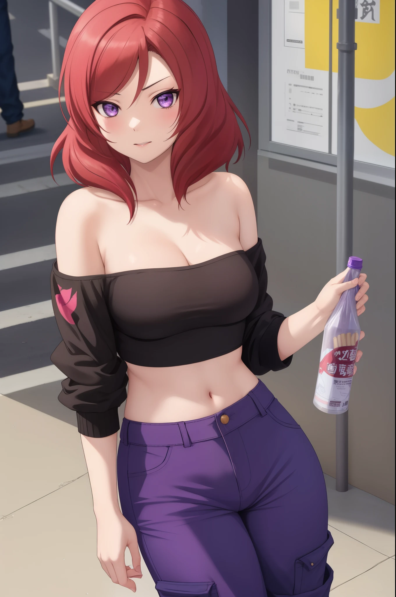 Nishikino maki, purple eyes ,tube top, strapless ,(pants:1.2), tight, medium breasts 