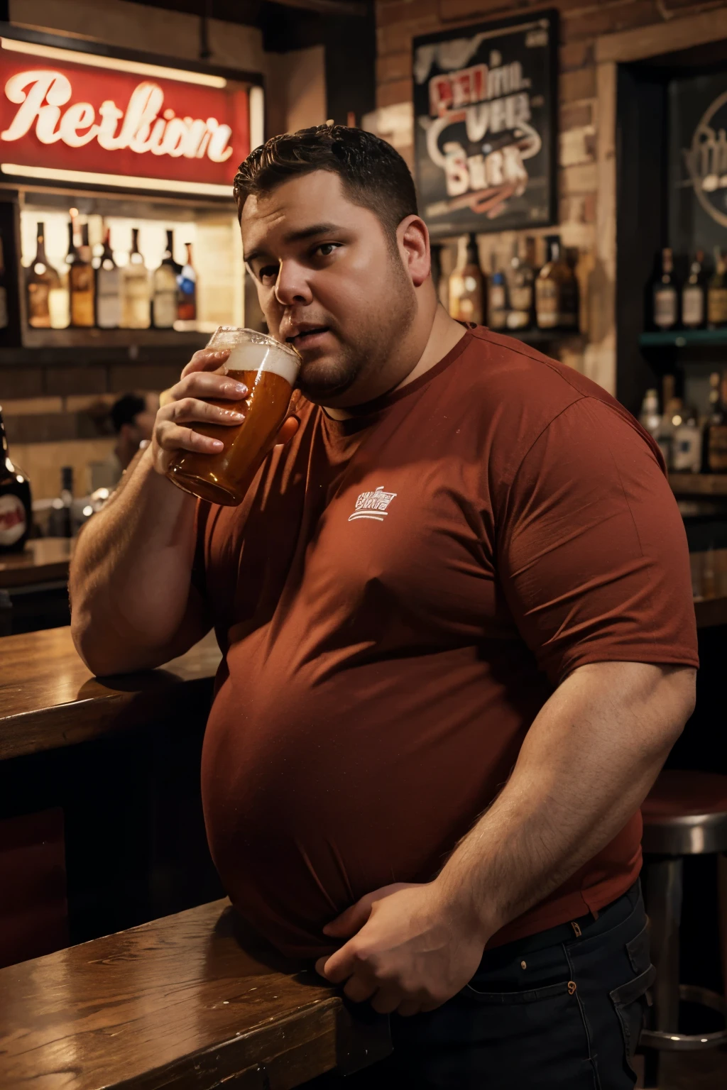 Make a man with obesity
This man must be wearing red clothes.
He must be inside a bar
He's drinking beer
Ultra realistic photo, 8k quality, fullhd