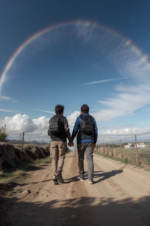 ((mejor calidad)), ((Obra maestra)), (detallado), paisaje de arcoiris, hermanos caminando hacia un arcoiris