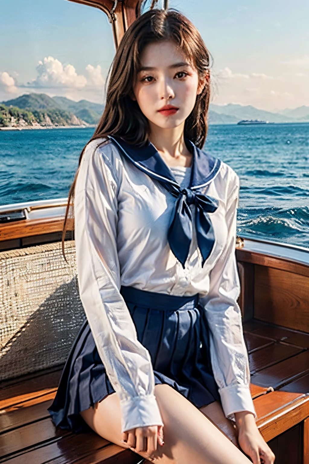((best quality)), ((masterpiece)), (detailed), perfect face, woman riding a sailboat, wearing a sailor uniform, Striped skirt in white and navy blue, straight legs, sunset, sunset,