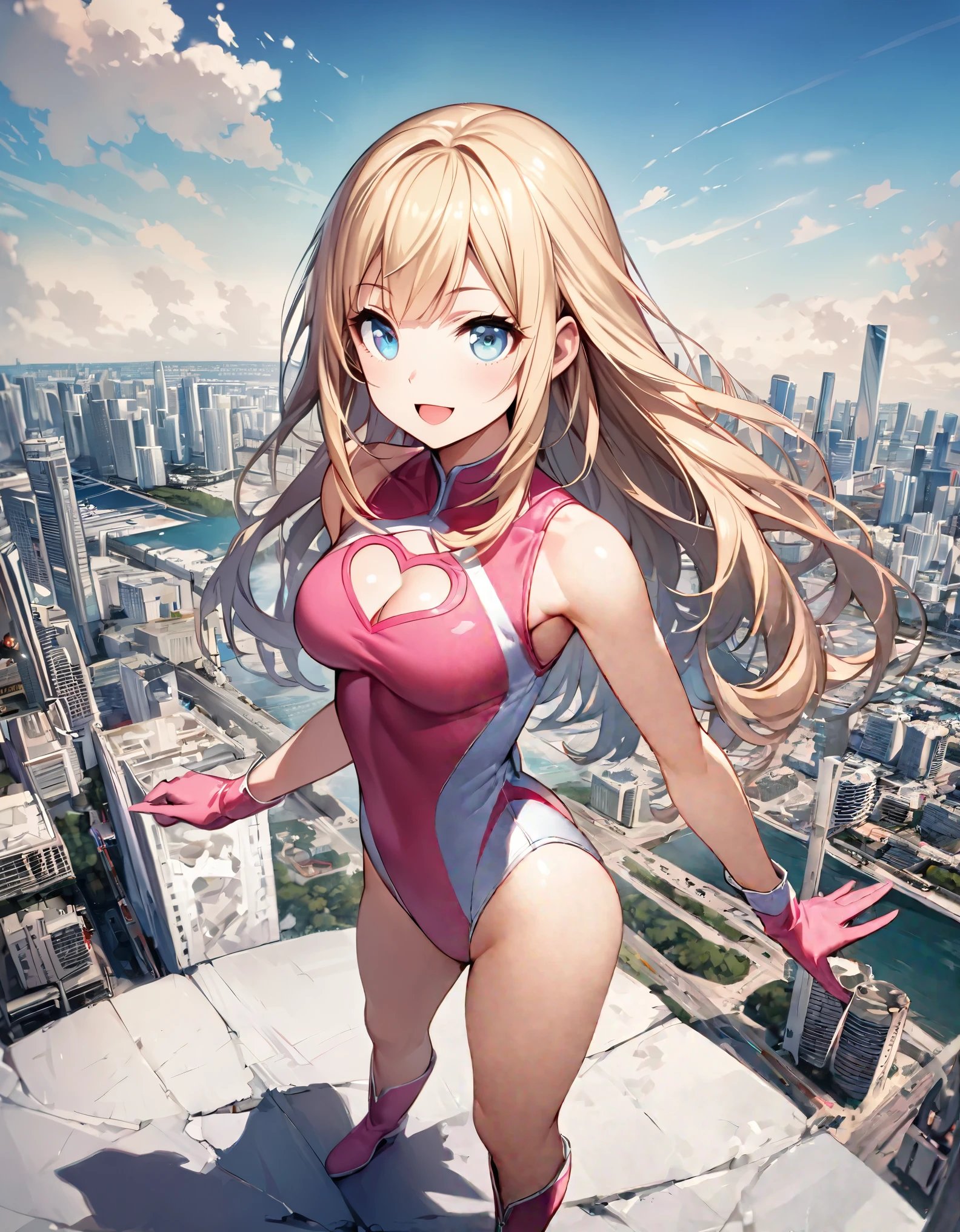 ((masterpiece)), ((best quality)), ((high res)), 1girl, solo, solo focus, (leotard, gymnast outfit leotard, pink leotard, sleeveless, bare legs), matching boots, looking at the viewer, miami city backdrop, perfect hands, complete fingers, perfect anatomy, perfect proportions, medium breasts, (blonde hair, long hair, mid-length hair, hair down, bangs), knee boots, blue eyes, beautiful detailed eyes, beautiful detailed face, cute face, (cleavage heart cutout), pink gloves, pink footwear, superhero, casual, smile, single, standing, standing straight, full body with costume, :d