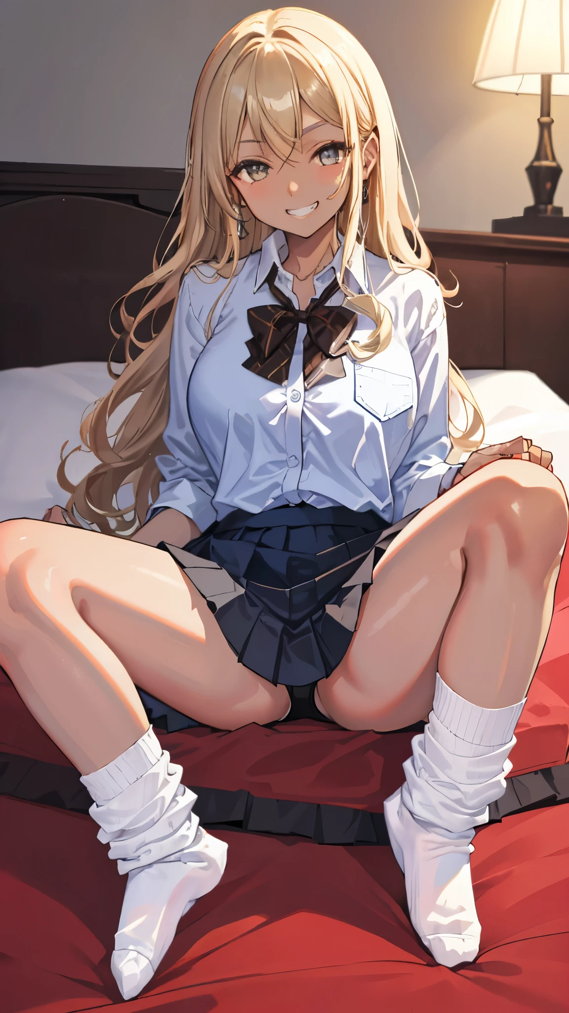 ((masterpiece、highest quality、Super detailed))、One girl、((Brown skin:1.3))、gyaru、Blonde、Long Hair、Wavy Hair、Grey Eyes、evil smile、((Grin))、Large Breasts、((White collared shirt))、Sleeve twisting、((Black pleated skirt))、((baggy socks))、sitting, knees up、spread legs、On the bed、Bedroom Background
