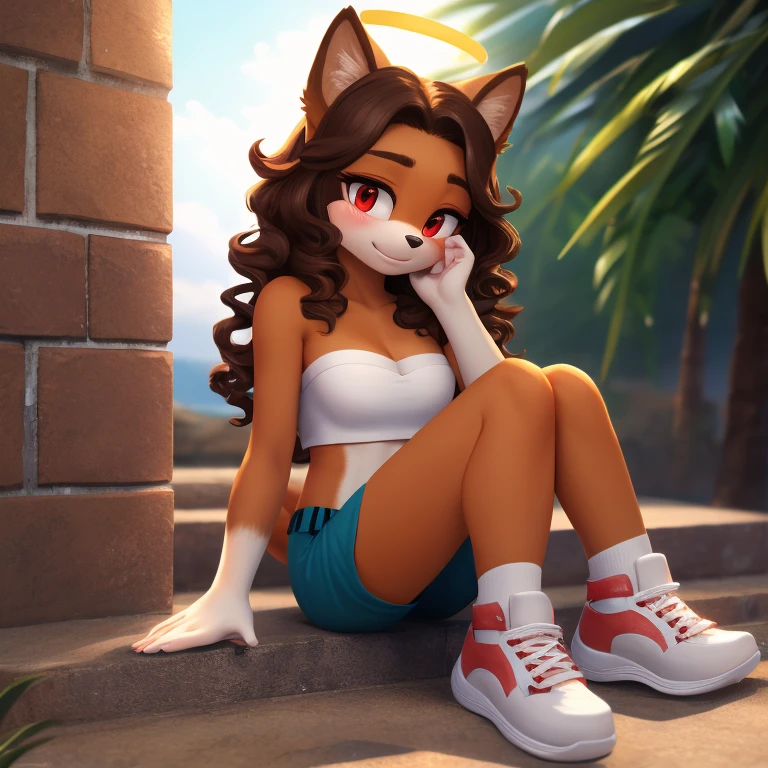 mobian, hedgehog, two-tone fur ((orange fur, brown fur)), pyjama elastic shorts, strapless crop top, cleavage, high-top sneakers, two-tone hair (brown hair, black tip)), curly hair, halo, sunglasses, jewelry, red eyes, longeyelashes, red eyes, smile, shy, blush, high detail, masterpiece, UHD, anatomically correct, super detail, highres, 4K