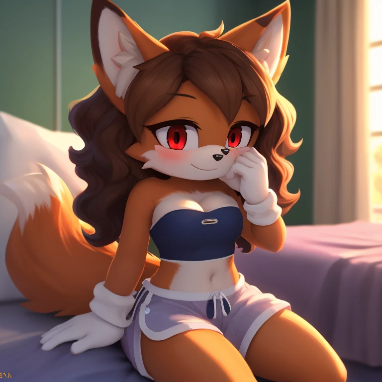 mobian, hedgehog, two-tone fur ((orange fur, brown fur)), pyjama elastic shorts, strapless crop top, cleavage, high-top sneakers, two-tone hair (brown hair, black tip)), curly hair, halo, sunglasses, jewelry, red eyes, longeyelashes, red eyes, smile, shy, blush, high detail, masterpiece, UHD, anatomically correct, super detail, highres, 4K
