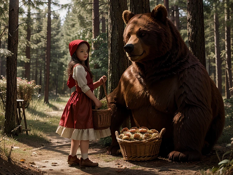 Illustration for the fairy tale Little Red Riding Hood,standing in front of the bear,holding a basket of pies