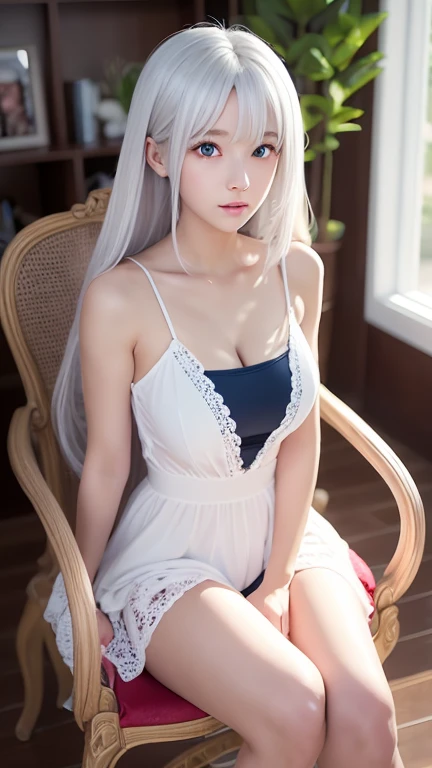 There is a woman with long white hair sitting in a chair., Real life anime girls, Perfect white hair girl, Anime Girl Cosplay, Photorealistic Animation, a Surreal , Realistic Anime 3D Style, Realistic young anime girl, Ultra realistic anime, White Hair Girl, Photorealistic Animation girl render, Beautiful anime school girl, Surreal 