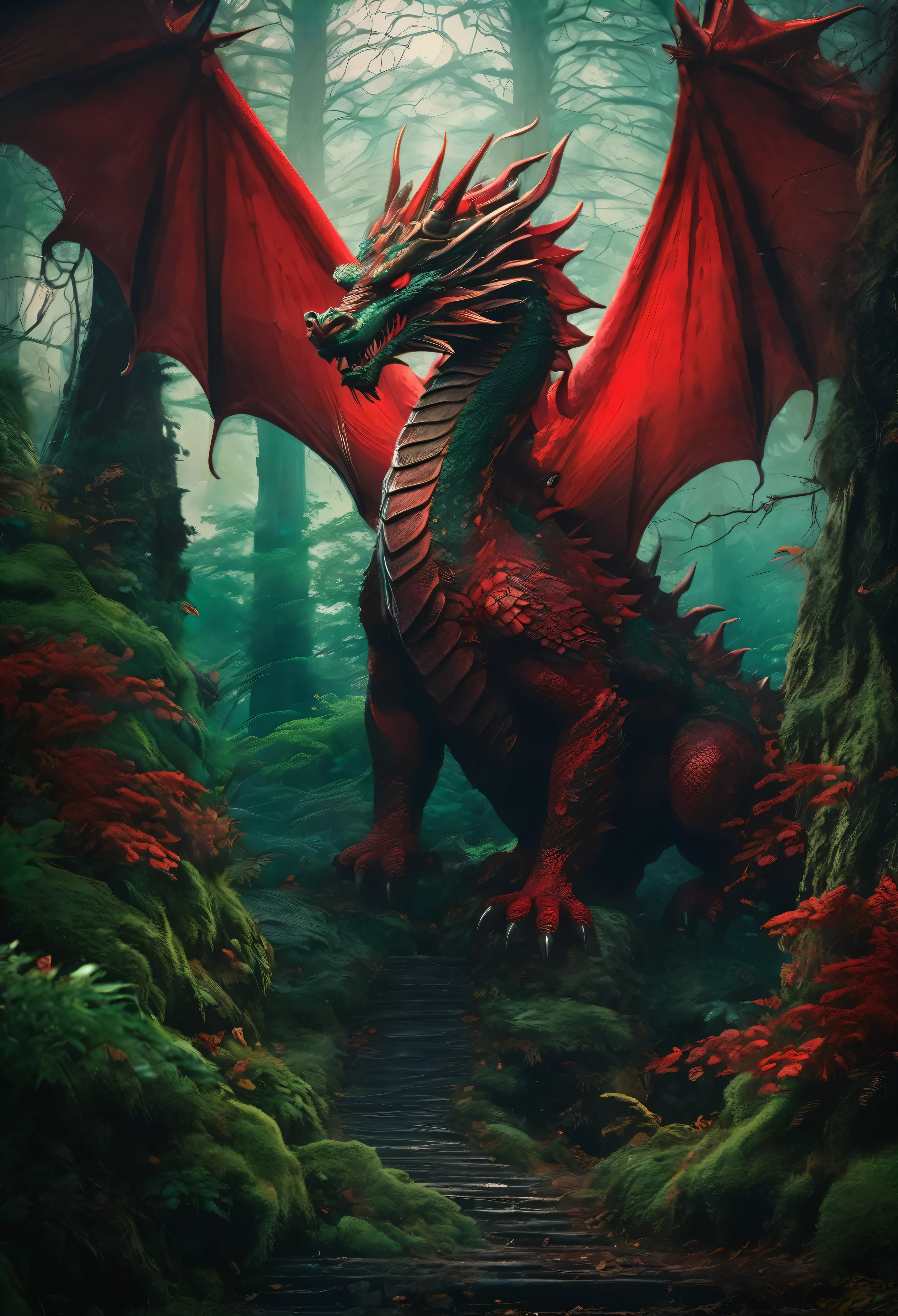 facing to the viewer, Mystical giant looks like a giant dragon dracarys (((gentle creature made of mist))), insane huge size, intricate patterns of red in its dark green fur, in a dark scary highly detailed forest, surrounded by birds.