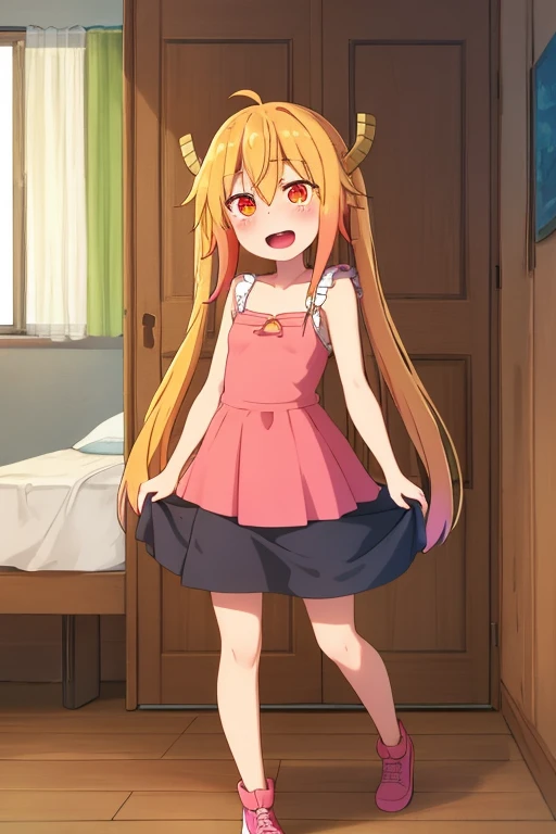 ((highest quality)), ((masterpiece)), (be familiar with), Perfect Face, indoor, Bedroom, Watching the audience,
One woman, Thor,
Open Mouth, Ecstatic expression, blush, smile,
Small breasts, Flat Chest, Young Girl, , , Girl,
Long Hair, Golden Hair, Orange eyes, Long Hair,
Leg spread,