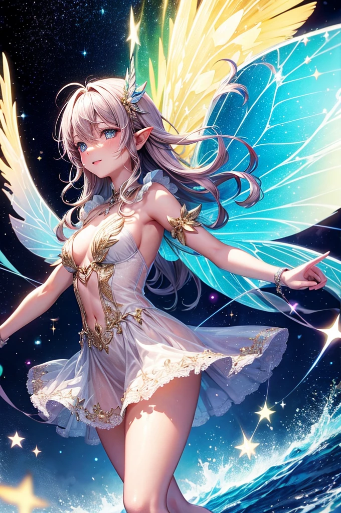 ( Absurd, High quality, ultra-detailed, masterpiece, concept art, smooth, highly detailed artwork, hyper-realistic painting ) , tiny little girl, cute, whole body, Romantic, Vivid, dreamy, fantasy, fairy wings, fantasy fairy city, enchanting glow, very detailed art, reveal clothes, sexy lace underwear, transrarrent clothnes, perky niples, young boy, flat chest, feminine fairy boy, stylish sexy fairy, fairy prince dressed in maiden dress, sissy fairy prince, bulge in panties