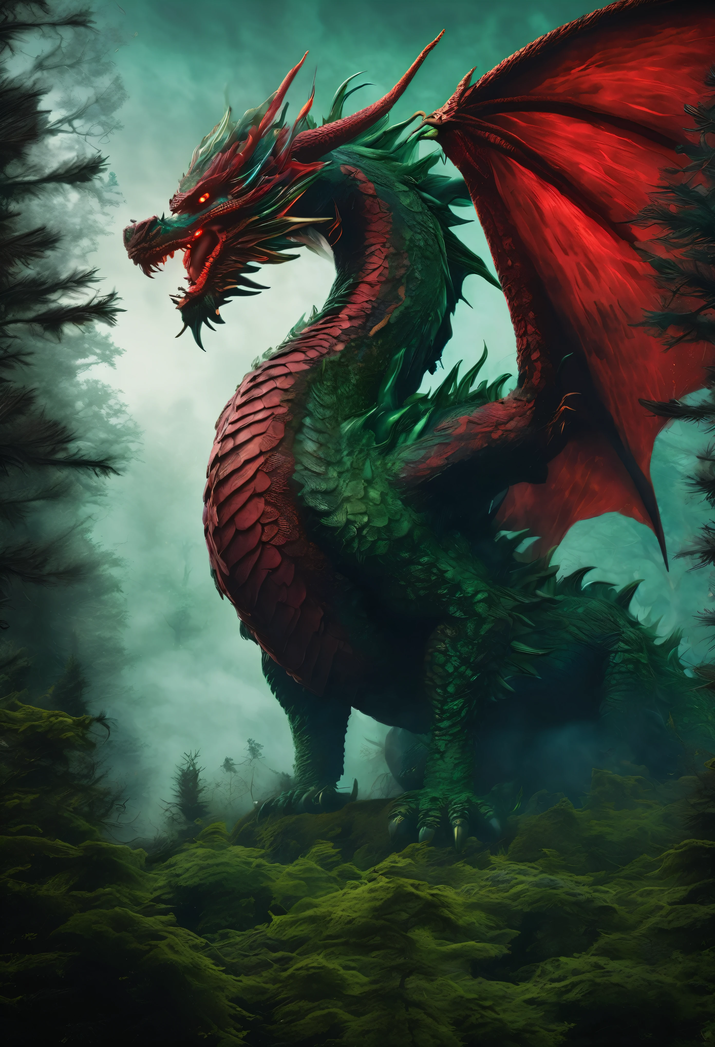 facing to the viewer, Mystical giant looks like a giant dragon dracarys (((gentle creature made of mist))), insane huge size, intricate patterns of red in its dark green fur, in a dark scary highly detailed forest, surrounded by birds.