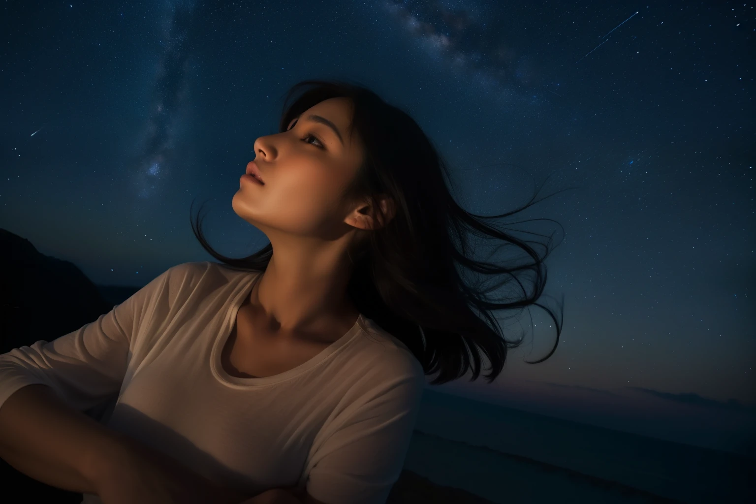 (masterpiece、highest quality、high resolution、Ultra-high resolution,In 8K), (Raw photo:1.2), (Photorealistic:1.4), (Beautiful girls:1.3,Sexy Woman:1.3,Perfect Japan,Beauty、alone),A woman in distress and despair,Beautiful and tender photo of a physically and emotionally exhausted woman、young、The emotional landscape reflects her、Cool breeze blows、(Late Summer Night Sky、Stars at night、Milky Way,Midnight night sky)、Looking up at the midnight sky、Japanese、Professional photography、Night on the Galaxy Express、((Romantic even at night,Photographed with love))、