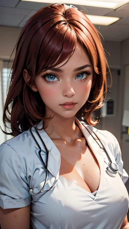 (((HD photo))), ultra high res.photorealistic:. 1.4, UHD, masterpiece, trending on artstation, portrait, upper body shot, 1girl, pretty, cute face, most beautiful in the world, cleavage, soft, delicate, (medium red hair), athletic figure, (wearing white doctor uniform:1.8), tank top, holding stethoscope:1.4, medical fetish, examination, sunkissed, hospital ward background, sfw