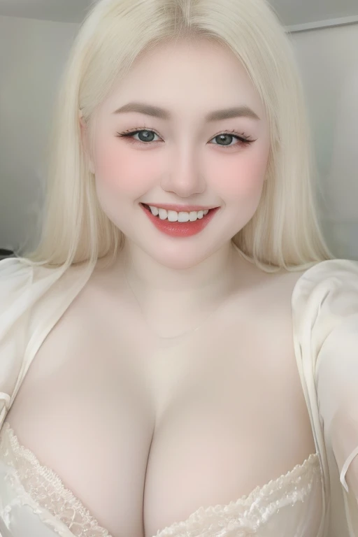 (realistic、masterpiece、Best Quality、8K、highres、white background, high resolution:1.3)、1 chubby girl:1.3)、(grin smile, show teeth:1.3),, looking at viewers, black lace bikini、pale white skin、very blond hair ,very pale skin, extremely pale blonde hair, ivory pale skin, very white skin, pale skin, very pale white skin, very pale white skin,white skin and pale porcelain, white and pale skin, fair and pale skin!!, long blonde hair, looking at viewers、super fine face and eyes、long blonde hair、 ((full breasts:1.3)), indoor、 upper body、