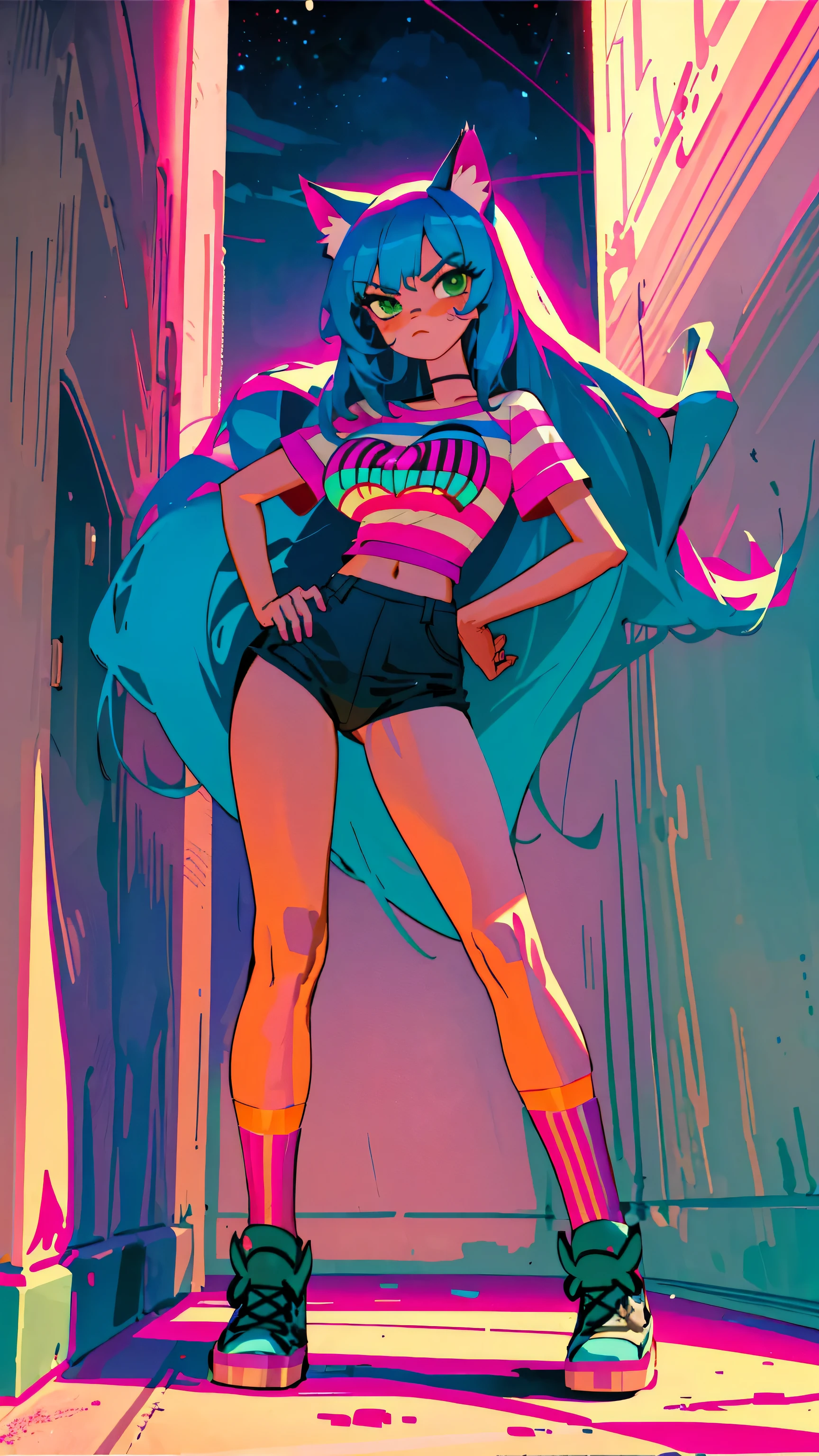 Masterpiece, best quality, high resolution, 1 woman, Long blue hair with pink stripes, smooth, green eyes, Bored face , cat ears , pink t-shirt , black bikini , abdomen, big breasts , Long legs , stand on your hips , canvas shoes , wall , Garbage bags , at night