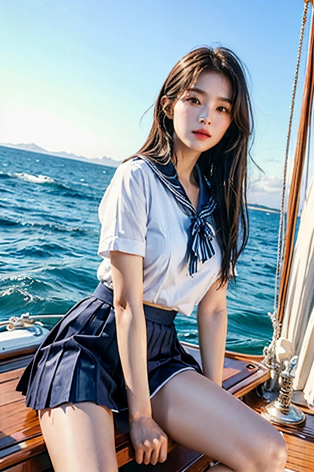 ((best quality)), ((masterpiece)), (detailed), perfect face, woman riding a sailboat, wearing a sailor uniform, Striped skirt in white and navy blue, straight legs,
