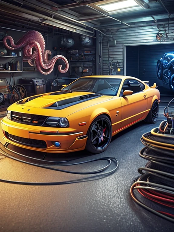 there is a car that is sitting in a garage with some wires, Hyperrealistic 3D rendering, an octopus in a car repair shop, hyperrealistic 3d rendering, ultrarealistic illustration, hyperrealistic illustration, Epic 3D illustrations, highly realistic concept art, hyperrealistic composition, hyperrealistic illustration, hyperrealistic 3D digital art, hyperrealistic 3D digital art