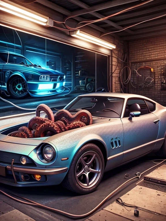 there is a car that is sitting in a garage with some wires, Hyperrealistic 3D rendering, an octopus in a car repair shop, hyperrealistic 3d rendering, ultrarealistic illustration, hyperrealistic illustration, Epic 3D illustrations, highly realistic concept art, hyperrealistic composition, hyperrealistic illustration, hyperrealistic 3D digital art, hyperrealistic 3D digital art