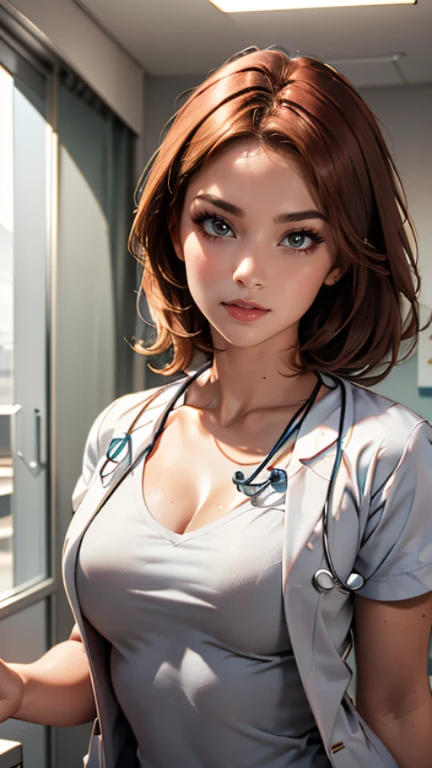 (((HD photo))), ultra high res.photorealistic:. 1.4, UHD, masterpiece, trending on artstation, portrait, upper body shot, 1girl, pretty, cute face, most beautiful in the world, cleavage, soft, delicate, (medium red hair), athletic figure, (wearing white doctor uniform:1.8), tank top, holding stethoscope:1.4, medical fetish, examination, sunkissed, hospital ward background, sfw