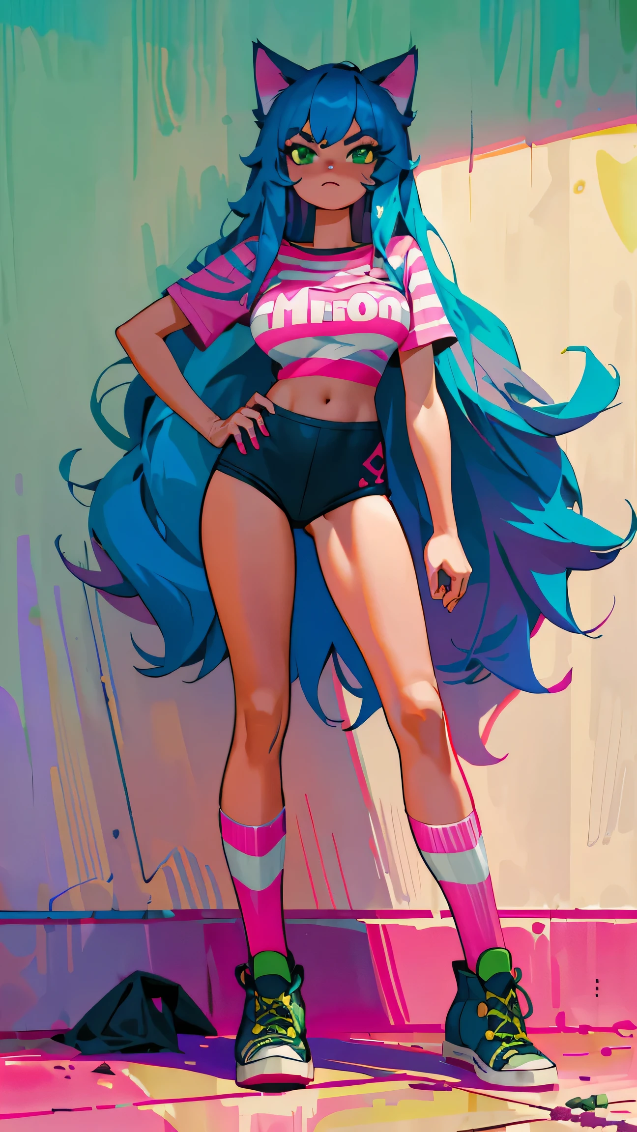 Masterpiece, best quality, high resolution, 1 woman, Long blue hair with pink stripes, smooth, green eyes, Bored face , cat ears , pink t-shirt , black bikini , abdomen, big breasts , Long legs , stand on your hips , canvas shoes , wall , Garbage bags