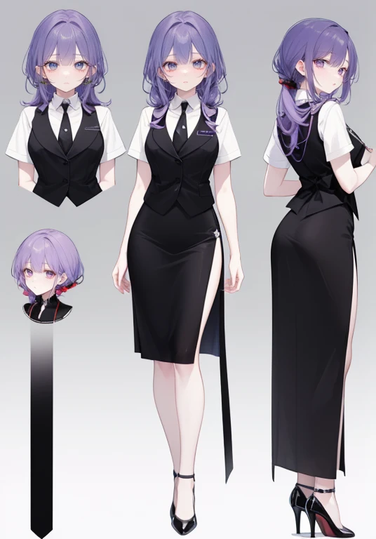 ((Perfect Face)),Purple Hair,Long Hair,1 female,bartender,,Black vest,tie,Shirt with rolled up sleeves,skirt,slit,High heels,,((Simple light color background)),((smile)),((Full Body)),((full body)),Character portrait,Character sheet,upright,Standing upright and looking straight ahead,