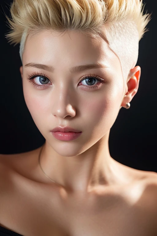 20-year-old woman、Blonde、(High Top Fade:1.3)、Woman warrior、Dark Theme、Calm colors調、Calm colors、High contrast、(Natural skin texture、Hyperrealism、Soft Light、sharp)