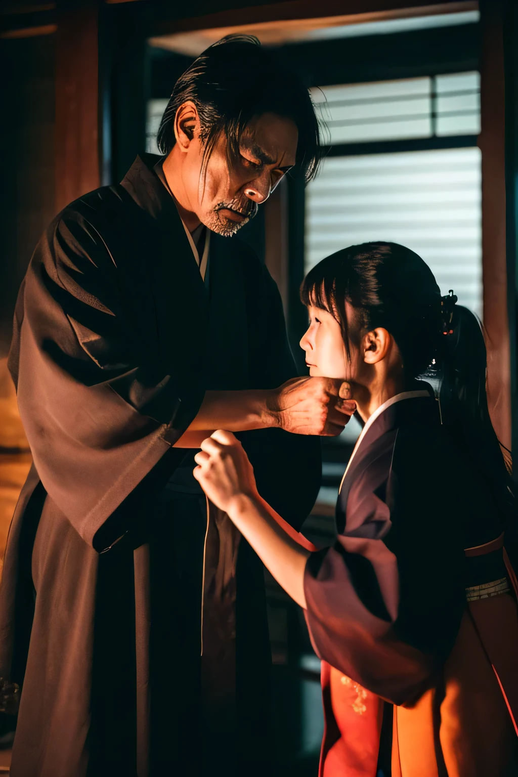 (8K)、(highest quality: 1.2)、(Real)、(Real: 1.37)、Ultra-high resolution、horror film、Dark world、Japan's Edo Period、A father gets so angry he raises his fist at his daughter、Long black hair、18-year-old in long-sleeved kimono、Apologizing 18-year-old daughter