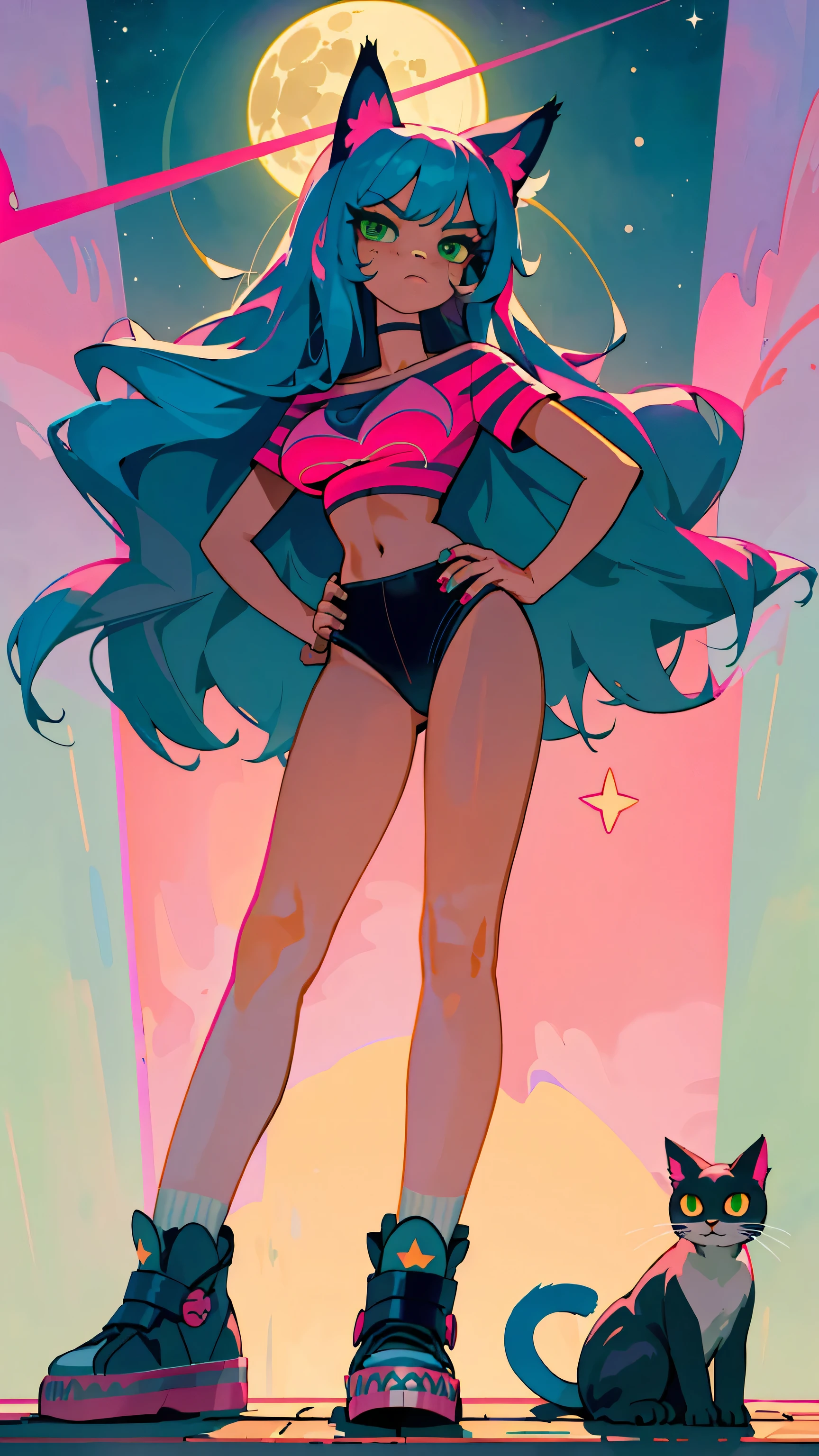 Masterpiece, best quality, high resolution, 1 woman, Long blue hair with pink stripes, smooth, green eyes, Bored face , cat ears , pink t-shirt , black bikini , abdomen, big breasts , Long legs , stand on your hips , canvas shoes , nighttime , sky , stars , moon , tall building