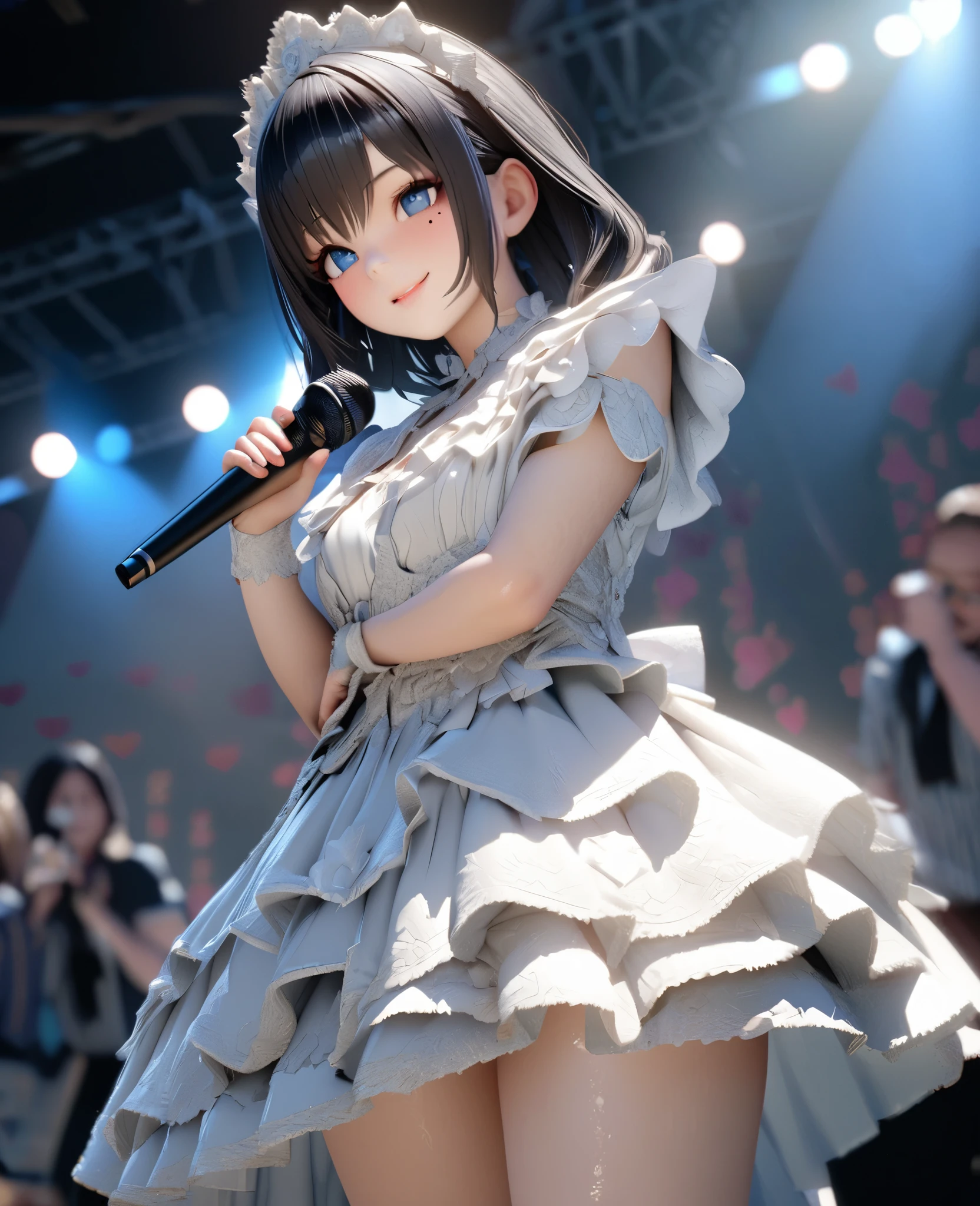 (((chibi3d))) very cute and beautiful chibi anime solo,
black eyes、long lashes、dark colorのlayer cut hairstyle,White heart-shaped earring,
One-piece with lots of white frills,Filled sleeves,White pumps,Live house,stage,Singing a song、Have a microphone,
Idol singer。