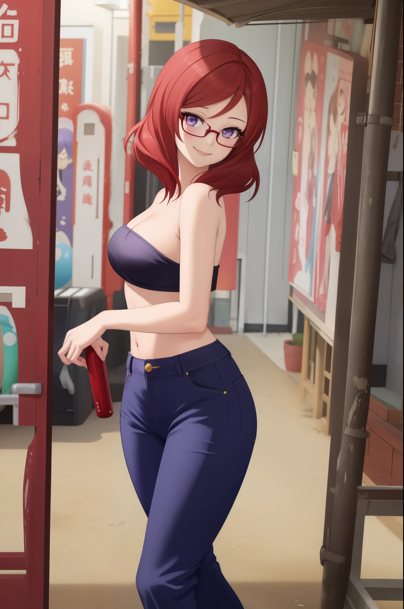 Masterpiece, best quality,Nishikino maki, purple eyes ,tube top, strapless ,(pants:1.2), tight, medium breasts , sexy smile ,glasses