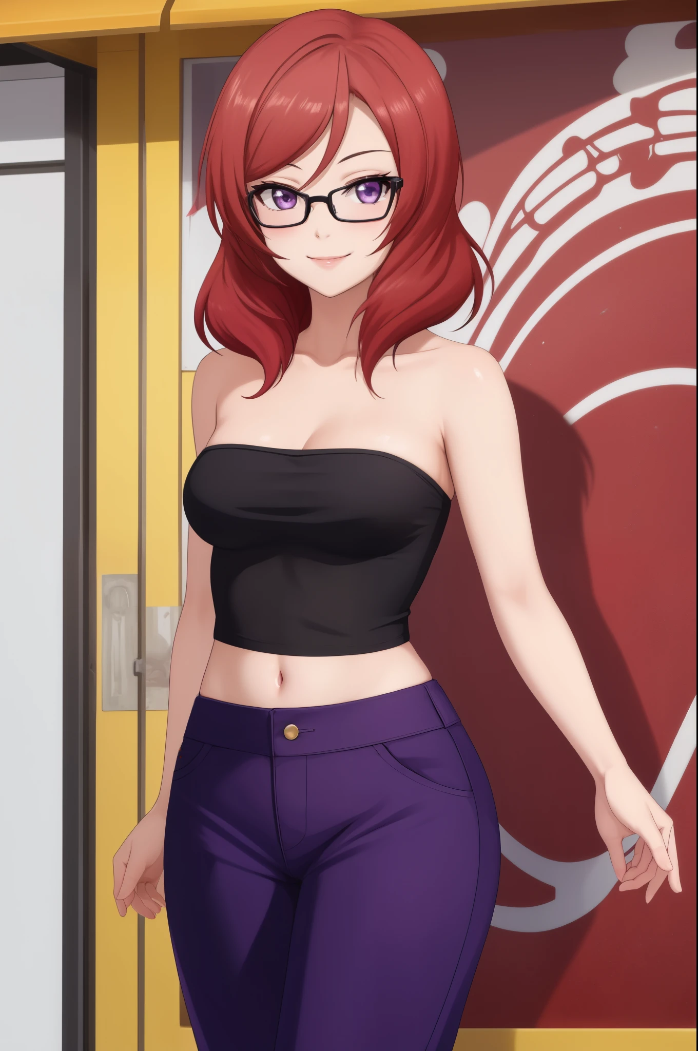 Masterpiece, best quality,Nishikino maki, purple eyes ,tube top, strapless ,(pants:1.2), tight, medium breasts , sexy smile ,glasses 