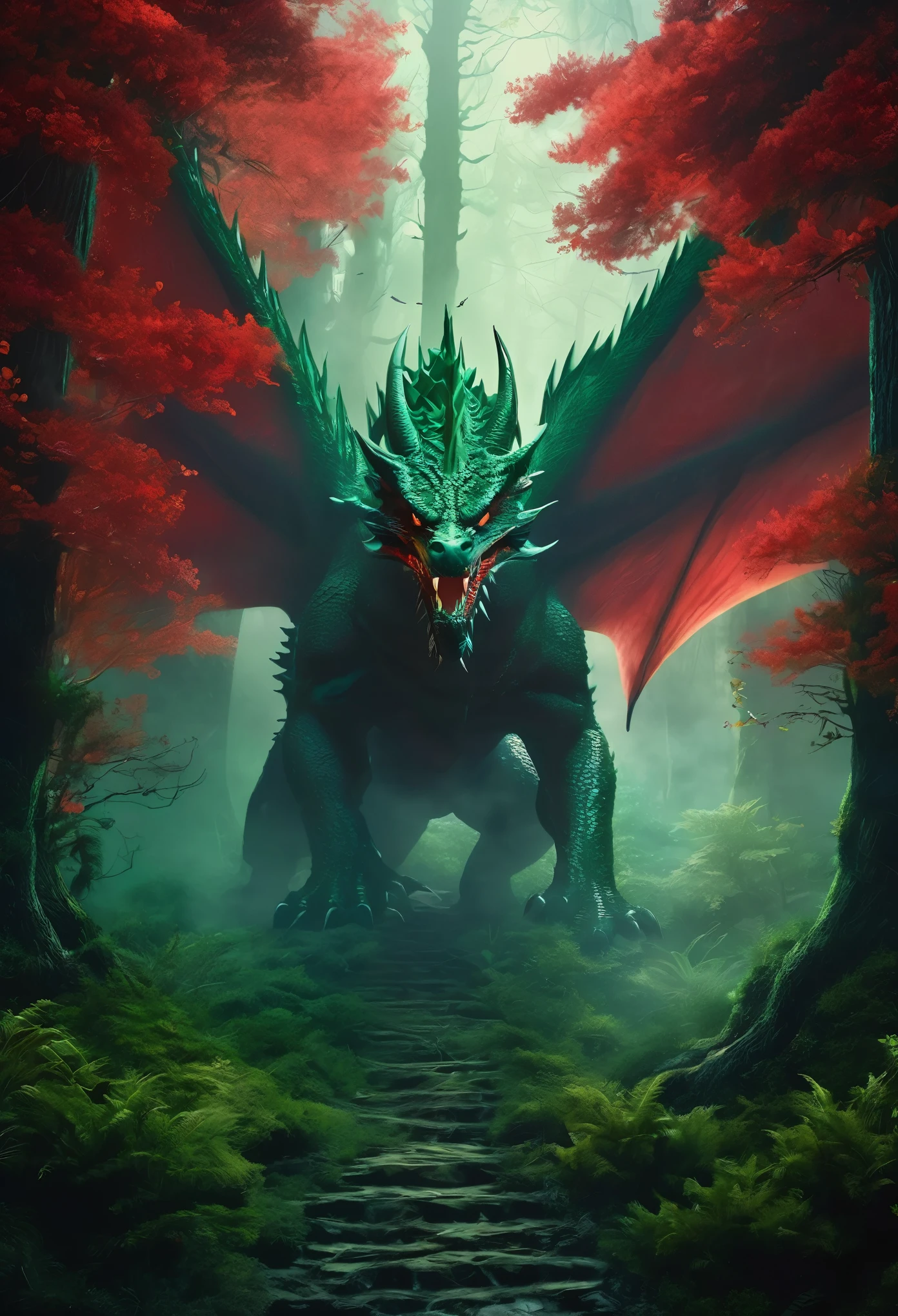 facing to the viewer, Mystical giant looks like a giant dragon dracarys (((gentle creature made of mist))), insane huge size, intricate patterns of red in its dark green fur, in a dark scary highly detailed forest, surrounded by birds.