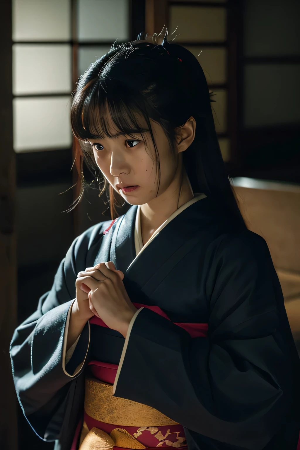 (8K)、(highest quality: 1.2)、(Real)、(Real: 1.37)、Ultra-high resolution、horror film、Dark world、Japan's Edo Period、A father gets so angry he raises his fist at his daughter、Long black hair、18-year-old in long-sleeved kimono、Apologizing 18-year-old daughter