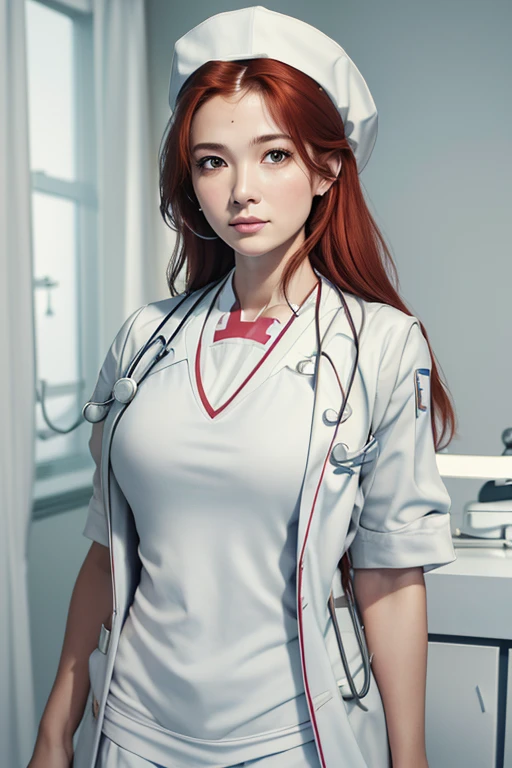 (((HD photo))), ultra high res.photorealistic:. 1.4, UHD, masterpiece, trending on artstation, portrait, upper body shot, 1girl, pretty, cute face, most beautiful in the world, cleavage, soft, delicate, (long red hair), athletic figure, (wearing white doctor uniform:1.8), tank top, holding stethoscope:1.4, medical fetish, examination, sunkissed, hospital ward background, sfw
