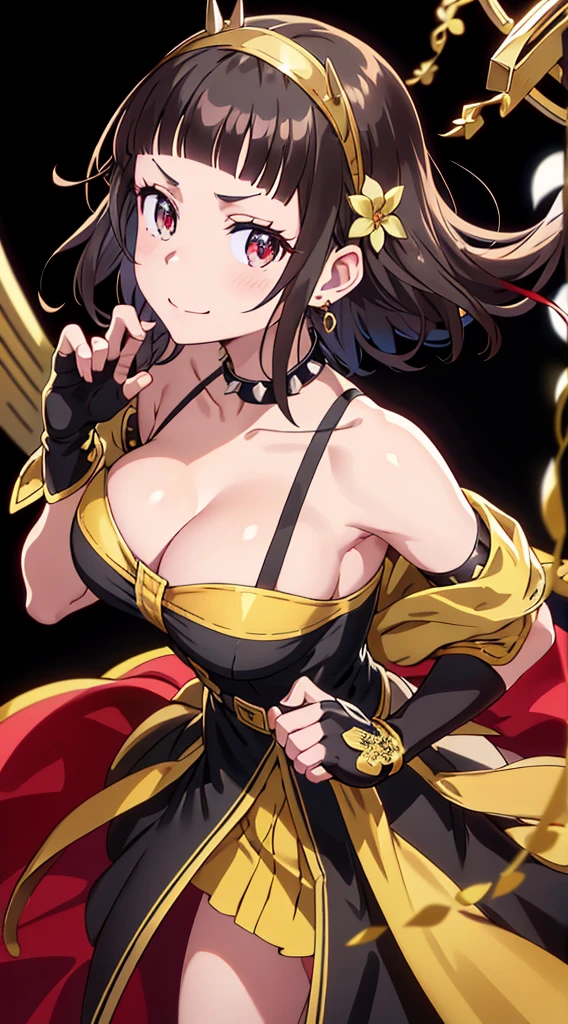 yor briar, anime style beutiful woman, 1girl, happy, sexy pause,(with sparkling eyes and a contagious smile:0.9),red face, closed mouth, beautiful detailed eyes, super detailed skin, backlighting, bare shoulders, black background, black dress, black gloves, black hair, breasts, dress, earrings, fingerless gloves, floating hair, floral print, flower, gloves, gold earrings, gold hairband, hair flower, hair ornament, hairband, holding, holding weapon, jewelry, large breasts, long hair, looking at viewer, off-shoulder dress, off shoulder,red eyes, short hair with long locks, sidelocks, solo, spikes, thighs, two-sided dress, two-sided fabric, weapon, fighting stance , face, close up, from above, highest quality, looking at viewer,high resolution.