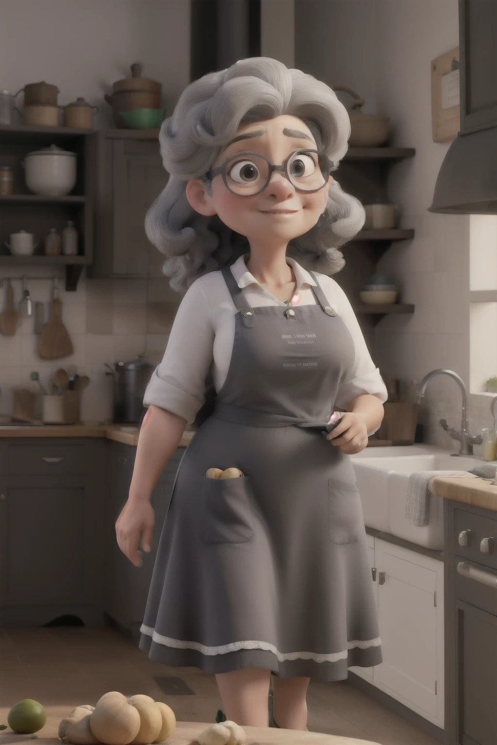 Obra maestra, mejor calidad, a large gray haired lady, gordita, piel ni muy blanca ni muy negra, pelo recogido en rodete, lentes, dressed in a lady&#39;s dress and a kitchen apron, con una mano en la cintura y otra elevada sosteniendo una bandeja de cocina con panes calientes