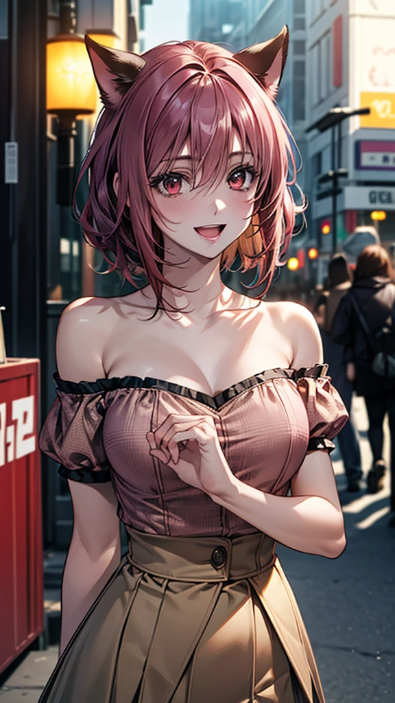 (masterpiece:1.2, highest quality), (Realistic, photoRealistic:1.4), Beautiful illustrations, (Natural Side Lighting, Cinema Lighting), Browsing Caution,
View your viewers, Face Focus, Upper Body, 1 girl, Japanese, high school girl, Perfect Face, Cute and symmetrical face, Shiny skin,
(short hair:1.2, Messy Hair:1.2, Pink Hair), Hair between the eyes, Red eyes, Slanted Eyes, Long Eyelashes, (Large Breasts:0.8), thin, Cat ears beautiful hair, Beautiful Face, Beautiful fine details, Beautiful clavicle, Beautiful body, Beautiful breasts, Beautiful thighs, Beautiful feet, Beautiful fingers,
((Detailed cloth texture, Off-the-shoulder short-sleeve beige blouse, Red checkered high waist skirt), Dark red neck ribbon),
(Beautiful views), summer, evening, (Outdoor), walking, (Cute smile, Open your mouth),