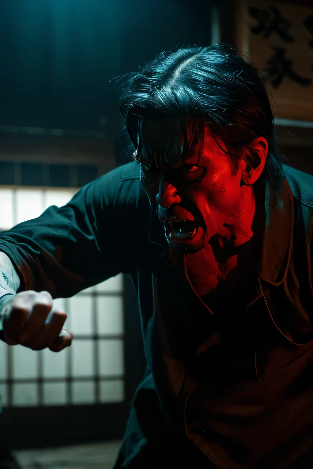 (8K)、(highest quality: 1.2)、(Real)、(Real: 1.37)、Ultra-high resolution、horror film、Dark world、Japan's Edo Period、A scene from a play in which a 40-year-old father gets so angry he raises his fist at his daughter.
