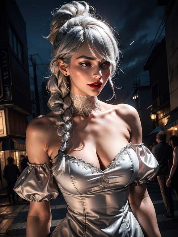 ultra realistic 8k cg, masterpiece, ((ultra detailed background, delicate pattern, intricate detail)), (highly detailed, fine details), best quality, 1girl, (photorealistic:1.4),beautiful lighting, absurdres, RAW photo, film grain, ((large breasts, slim girl)), 1girl, solo, long hair, braid, dress, hair over one eye, smile, braided bangs, sexy mini gray dress, high ponytail, white hair, puffy sleeves, holding, off shoulder dress, makeup, dark grey hair, red lips, one eye covered, lipstick, parted lips, single braid, (complex detailed background, outside, night life environment, cowboy shot),