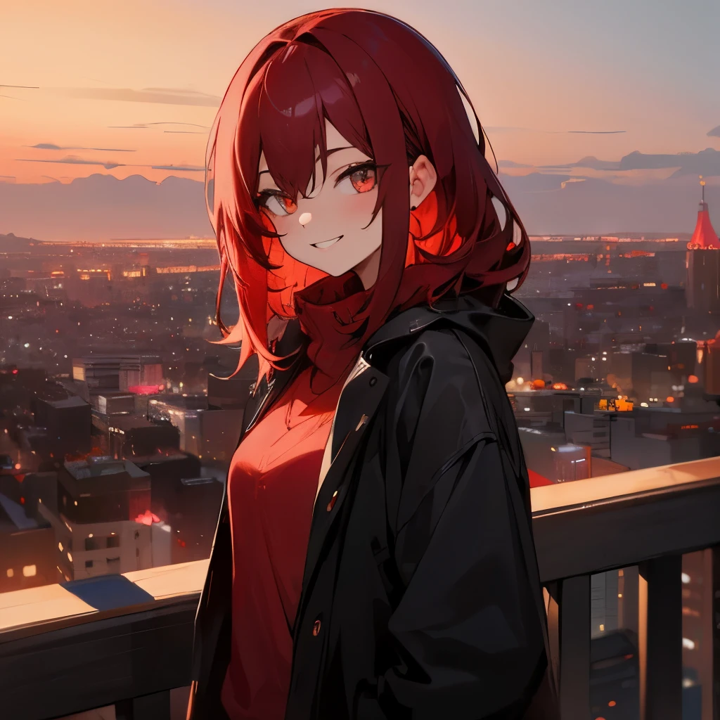 1girl black-red mid-lenght hair casual look ruby eyes confident smile night city in background