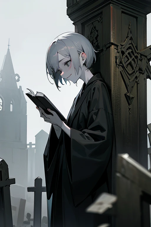 1girl, slender, 152.4cm, cute, Frankenstein's Monster, zombie girl, undead, short grey hair, all black eyes, pale skin, scars on skin, lots of stitches on skin, black robe, holding old book, smile, in graveyard,