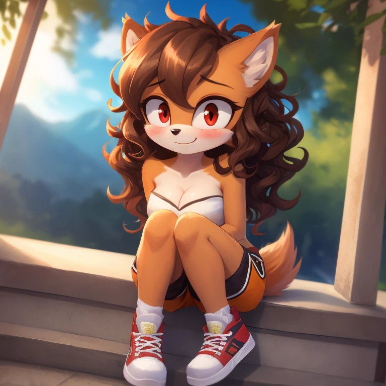 mobian, hedgehog, two-tone fur ((orange fur, brown fur)), pyjama elastic shorts, strapless crop top, cleavage, high-top sneakers, two-tone hair (brown hair, black tip)), curly hair, halo, sunglasses, jewelry, red eyes, longeyelashes, red eyes, smile, shy, blush, high detail, masterpiece, UHD, anatomically correct, super detail, highres, 4K