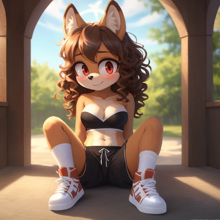 mobian, hedgehog, two-tone fur ((orange fur, brown fur)), pyjama elastic shorts, strapless crop top, cleavage, high-top sneakers, two-tone hair (brown hair, black tip)), curly hair, halo, sunglasses, jewelry, red eyes, longeyelashes, red eyes, smile, shy, blush, high detail, masterpiece, UHD, anatomically correct, super detail, highres, 4K