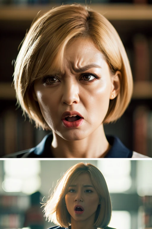 (((anger)))、Angry Eyes、Angry eyebrows、Angry Mouth、Threatening、highest quality、In 8K、masterpiece:1.3、Sharp focus:1.2、perfect figure woman:1.4、Realistic light rays、Button-down shirt、30 years、short hair、Blonde、library