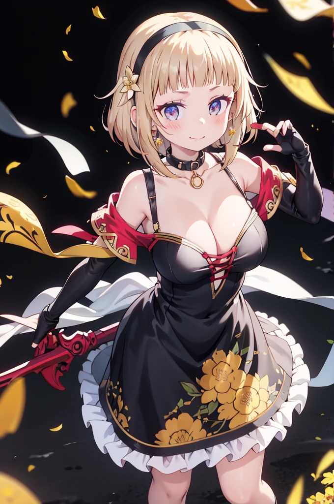 yor briar, anime style beutiful woman, 1girl,fullbody, happy, smile, red face, closed mouth, beautiful detailed eyes, super detailed skin, backlighting, bare shoulders, black background, black dress, black gloves, black hair, breasts, dress, earrings, fingerless gloves, floating hair, floral print, flower, gloves, gold earrings, gold hairband, hair flower, hair ornament, hairband, holding, holding weapon, jewelry, large breasts, long hair, looking at viewer, off-shoulder dress, off shoulder,red eyes, short hair with long locks, sidelocks, solo, spikes, thighs, two-sided dress, two-sided fabric, weapon, fighting stance , face, close up, from above, highest quality, high resolution.