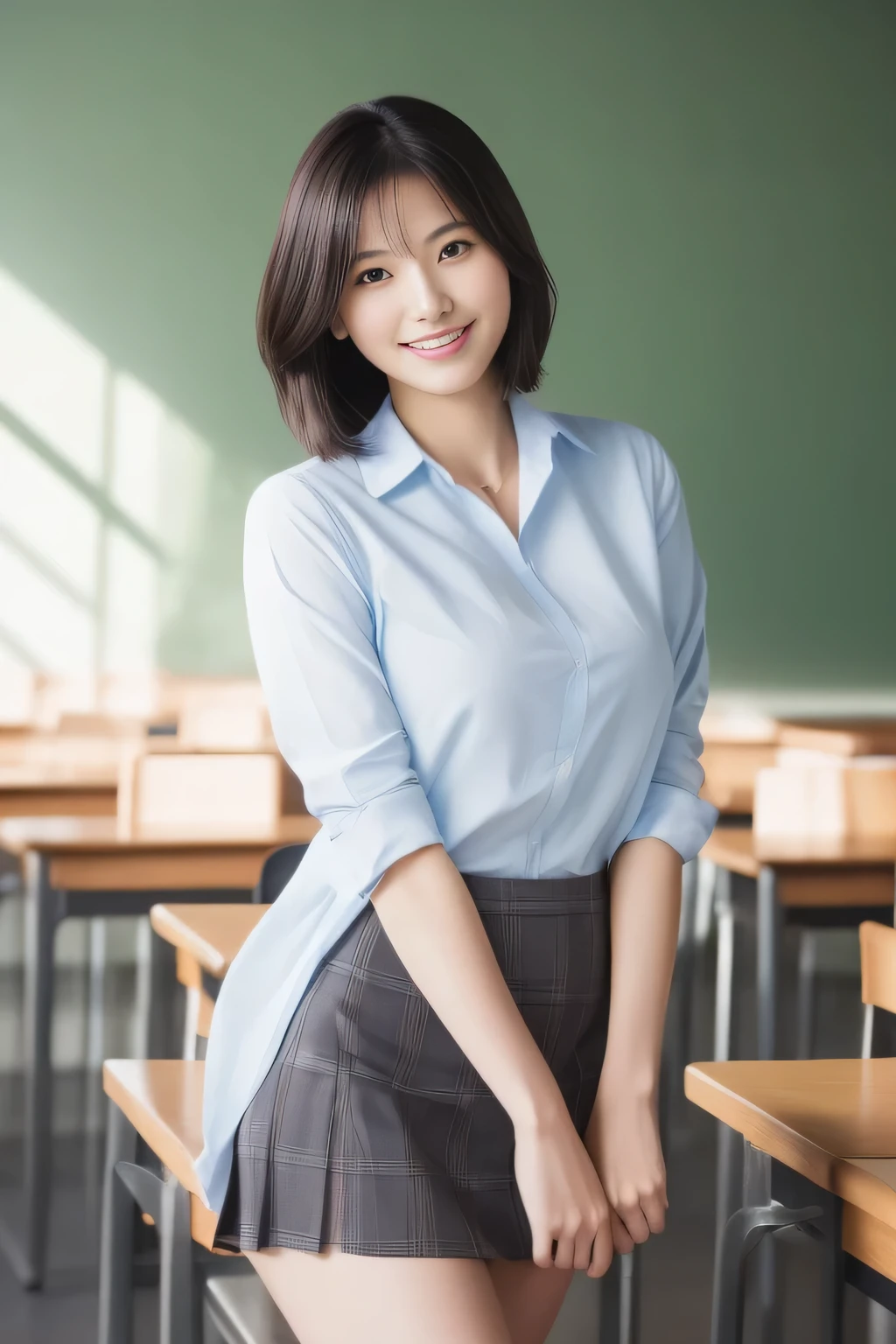 ((8k:1.27、highest quality、masterpiece、超A high resolution:1.2))、 Beautiful Japanese Women、 (High School Teacher:1.2、faculty)、One girl、Teacher attire、blouse、Large Breasts:1.5、valley、Black Hair、Iris、short hair、Beautiful woman、High school classroom、evening、Captivating smile、((Perfect Anatomy、Beautiful body,Healthy Body、Beautiful Skin))、Professional Lighting、Professional Photography、gravure、The teacher is a woman too.、