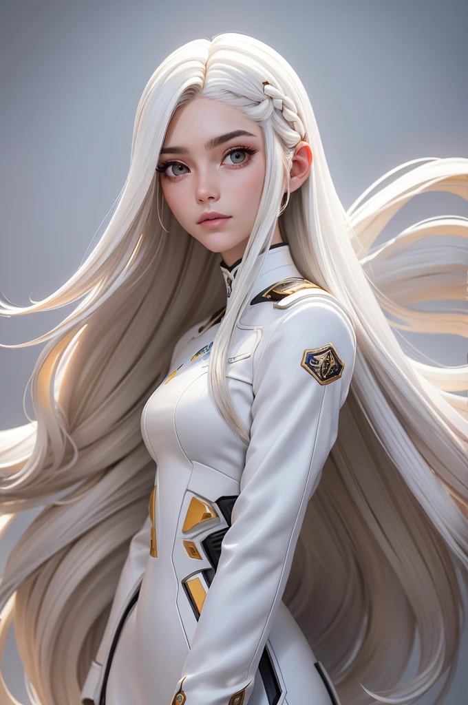 Mejor calidad, Obra maestra,pelo blanco, ojos dorados,ropa blanca, buscando, cuerpo completo,mecha de cabello,piel blanca,trenzas laterales