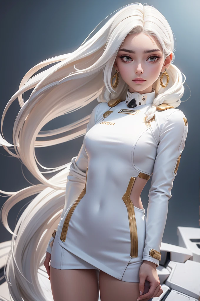 Mejor calidad, Obra maestra,pelo blanco, ojos dorados,ropa blanca, buscando, cuerpo completo,mecha de cabello,piel blanca,trenzas laterales