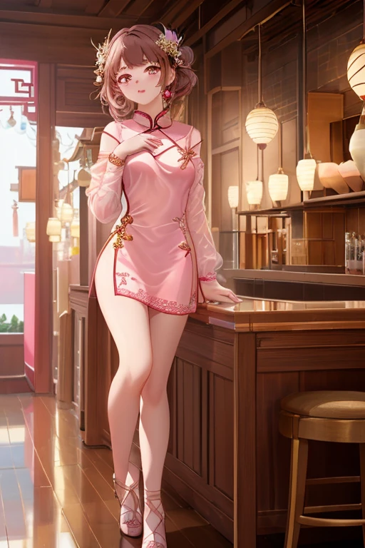highest quality, Tabletop, High resolution, One Girl, light pink lingerie cheongsam, hair ornaments, necklace, jewelry, Beautiful Face, Insert_body, Tyndall effect, Photorealistic, Two-tone lighting, (Skin with attention to detail:1.2),, Digital SLR, Soft lighting, Volumetric lighting, Frank, photograph, 8k, Bokeh, Medium chest, Show your chest, full body, Brown haired, The eyes are brown, (非常Insert詳細な指:1.5)