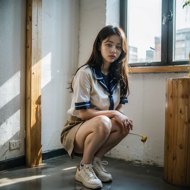 A young and beautiful woman、(((I can't hold my urine:1.7)))、(Anguished expression)、(Legs wide open)、(Wearing Sailor uniform uniform)、(In the school classroom)、Detailed eyes and lips、Long eyelashes、Restless posture、Flowing Hair、Stylish clothes、Tense lighting、Realistic portraits、Bright colors、High resolution、Professional photos、Classic beauty、Modern style、Urgent tone, mynatalee woman、huge breasts